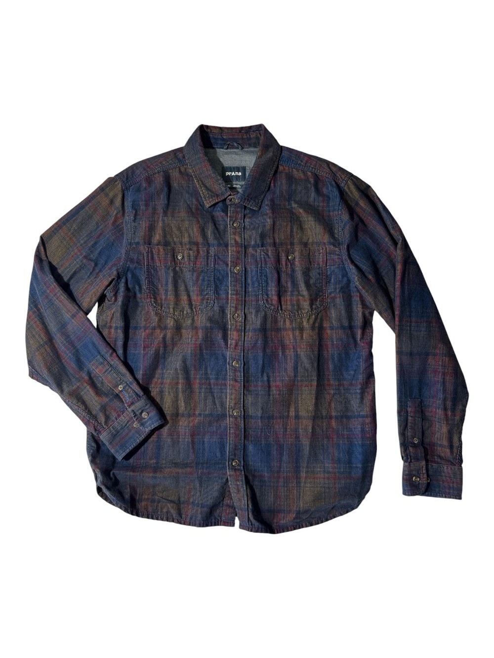 Prana mens blue brown plaid soft corduroy organic cotton button up shirt EUC